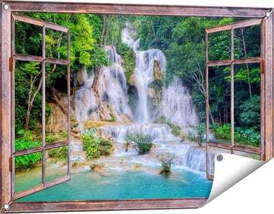 Gards Tuinposter Doorkijk Waterval in het Tropische Natuur - 90x60 cm - Tuindoek - Tuindecoratie - Wanddecoratie buiten - Tuinschilderij