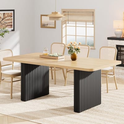 Moderne eettafel – 6–8 personen – Rechthoekige keukentafel in boerderijstijl – zwarte metalen poten met groeven – golfpatroon – houten blad – Grote eettafel – 180×80×75 cm – houtkleur