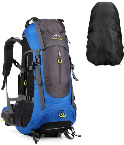 CarryQuest® - 65+5L Camping Rugzak - Grote Nylon Backpack met Regenhoes, Rugventilatie, Verstelbare Schouderbanden & Zachte Rugconstructie - Outdoor, Hiking & Reizen - 35x35x67 cm - Blauw