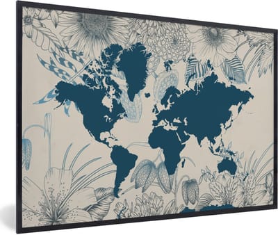 Poster in lijst - Fotolijst 90x60 cm - Posters - Wereldkaart - Blauw - Bloemen - Posterlijst zwart - Decoratie - Wanddecoratie woonkamer - Muurdecoratie slaapkamer