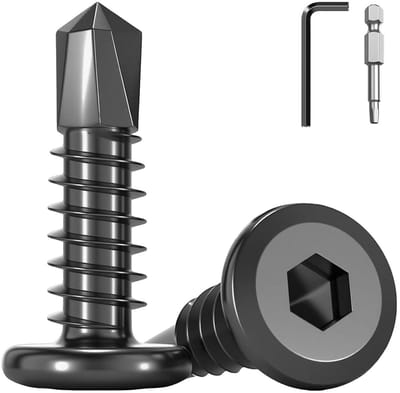 SnelShoppen - 40 Stuks Zelftappende Schroeven voor Metaal 5.5x38mm, RVS 410 Zwart Zeskant Flat Head met Schroevendraaier Bit en Hex Sleutel
