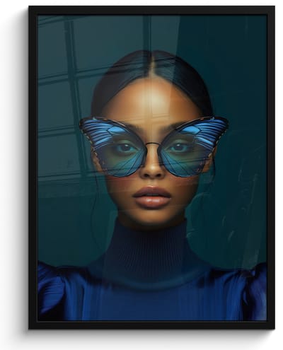 Poster in lijst - Fotolijst 50x70 cm - Posters - Vrouw - Vlinder - Bril - Blauw - Modern - Portret - Posterlijst zwart - Decoratie - Wanddecoratie woonkamer - Muurdecoratie slaapkamer