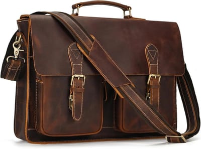 Stijlvolle leren aktetas voor mannen - 14 inch laptop tas, moderne office tas van echt buffelleer