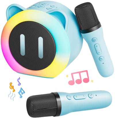 IBETTERTEC - Mini Bluetooth Karaoke Machine met 2 draadloze microfoons - met stemveranderings­effecten en LED-licht - draagbare Bluetooth luidspreker - ideaal cadeau voor jongens en meisjes