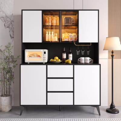STILVORA Dressoir - Vitrinekast Met Ledverlichting En 3 Lades - Voor Woonkamer Eetkamer En Keuken - MDF - 120x40x160 Cm - Zwart Wit