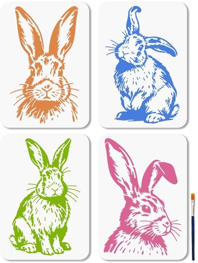 Dailygoods- Hazensjabloon 4 stuks - Realistische Schildersjablonen - Kunststof - 29,7 x 21 cm - Schattige Dierentekensjabloon - Inclusief Penseel