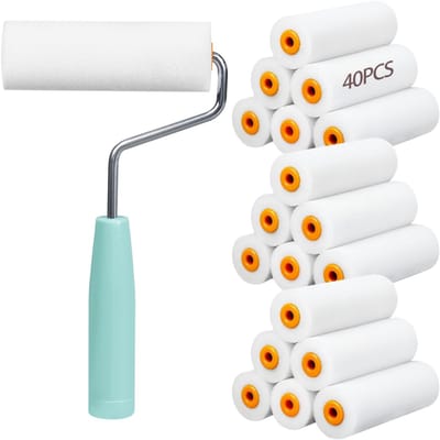 Dailygoods - 40 stuks mini-verfrollers, 10 cm schuimrollen met hoge dichtheid, verfrollerafdekkingen met 1 rollergreep voor het schilderen van wandkasten