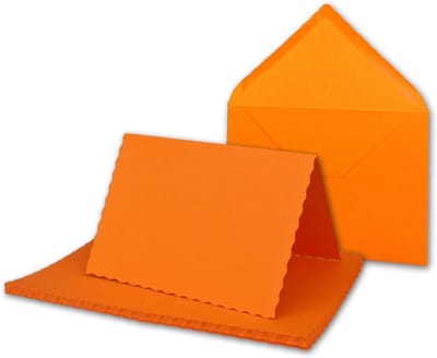 Set van 200 Oranje Vouwkaarten DIN A6 met Golvende Rand en C6 Enveloppen