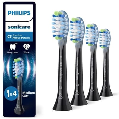 Philips Sonicare Premium Plaque Defence C3 – Opzetborstels voor Elektrische Tandenborstel – Zwart – Verpakking van 4 - Tandplakverwijdering - HX9044/88