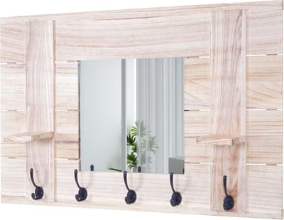 Wandkapstok MCW-C89 met spiegel, kapstokpaneel, shabby-look vintage, 5 haken 90x60cm ~ naturelbruin