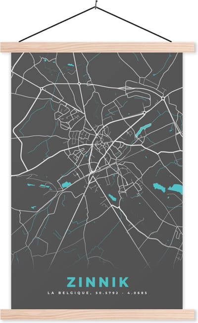 Posterhanger incl. Poster 40x60 cm - Schoolplaat - België – Zinnik – Stadskaart – Kaart – Blauw – Plattegrond - Textielposter - Blanke latten - Stadskaart