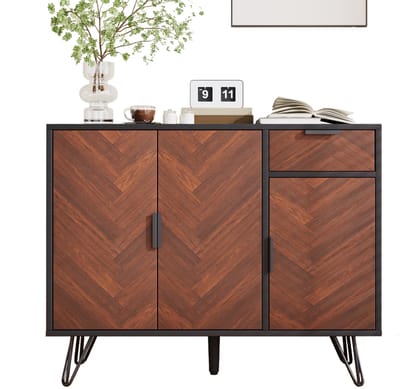 Opbergkast - 90x30x71,5 cm zwart/houtlook - verstelbare planken & metalen poten - stijlvol design