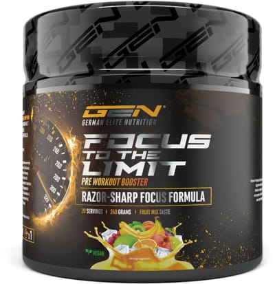 GEN Focus to the Limit – 240 g – Fruitmix smaak – Pre-workout booster met 250 mg cafeïne, ginseng, rhodiola & ginkgo – Met B-vitaminen – Vegan & suikervrij