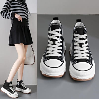 Nieuwe Dames High Top Sneakers Vetersluiting Casual Platform Hoogte Canvas Antislip Slijtvast Lente Vrouwelijke Vulkaniseerschoenen 36 zwart