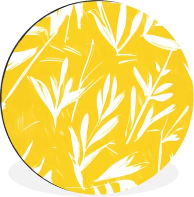 WallCircle - Wandcirkel - Muurcirkel - Abstract - Bladeren - Geel - Penseelstreken - Aluminium - Dibond - 30x30 cm - Binnen en Buiten