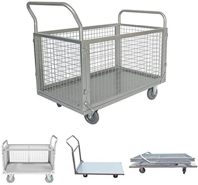 4-in-1 Platformwagen met Afneembare Wanden en Inklapbaar Rooster - Veelzijdige Transportwagen voor Magazijn en Werkplaats