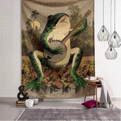 1 Stuk Retro Kikkertapijt, Banjo-Spelend Dier 2D Print Decor, Polyester Materiaal, Alle Seizoenen Voor Slaapkamer Woonkamer Muur 90X150cm