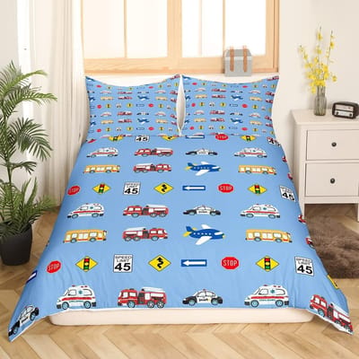 Politieauto Koning Koningin Dekbedovertrek Cartoon Zwart Politieauto Beddengoed Set Jongens Rood Blauw Politielichten 2/3 stuks Polyester Dekbedovertrek 70x133cm 2pcs