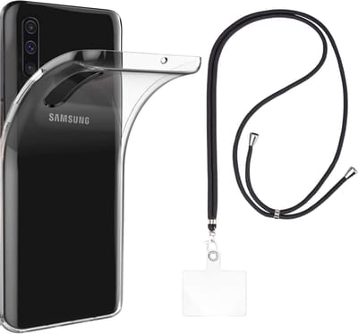 Set met hoesje en nekband voor Samsung Galaxy a50 - Flexibele, transparante TPU-bescherming, verstelbare universele nekband voor mobiele telefoons, zwarte nekband, transparante draagriem van Phonillico®