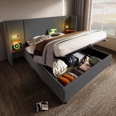 Wishdor Gestoffeerd Opbergbed 180x200 cm – Hoofdbord met Plank en Leeslamp (Touch) – USB en Type-C – Hydraulisch Hefmechanisme – Linnen – Grijs