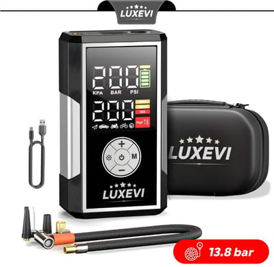 LUXEVI Luchtcompressor Draagbaar- Elektrische Bandenpomp Bandenpomp aut - compressor 12v - 13.8 Bar / 200 PSI - Voor Auto, Motor & Fiets - Met Koffer, Zaklamp & USB-C