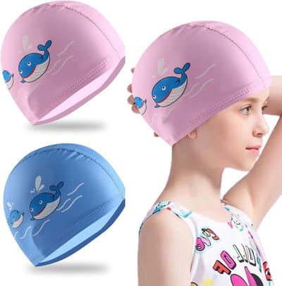 Set van 2 waterdichte zwemmutsen van elastisch polyester voor kinderen van 4 tot 12 jaar, ideaal voor zwemlessen en recreatief zwemmen