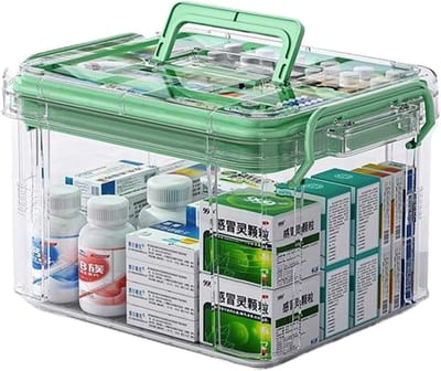 Medicijnopslagdoos voor Thuis, Dubbele Laag Eerste Hulp Doos, Draagbare Organiser met Deksel en Multi-Vakken (Groen)