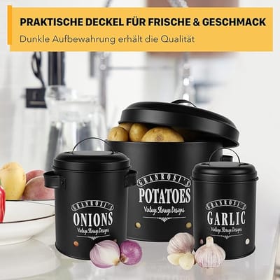 Set Voorraadpotten - Aardappelenpot, Uienpot en Knoflookpot, Vintage Design, Stijlvolle Opslag en Lange Houdbaarheid, Zwart
