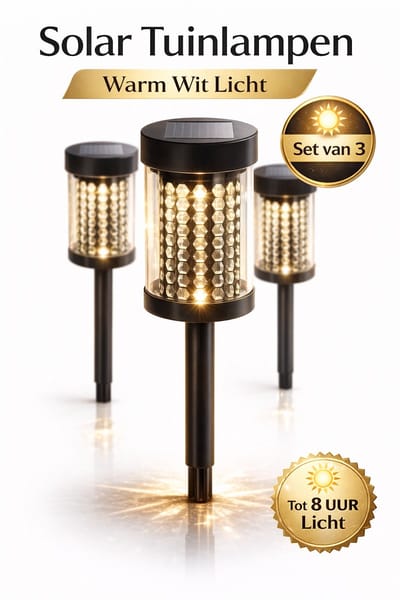 Solar Tuinlampen Set van 3 – Warm Wit LED – Buitenverlichting op Zonne-Energie – Waterdicht – Tuinpad en Tuinverlichting