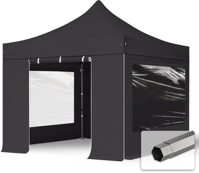 3x3 m Easy Up partytent Vouwpaviljoen PVC brandvertragend met zijwanden (2 panorama), PREMIUM staal 40mm, zwart