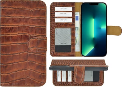 Hoesje Geschikt voor iPhone 13 Pro Max - Bookcase - Portemonnee Hoes Echt leer Wallet case Croco kaneelbruin
