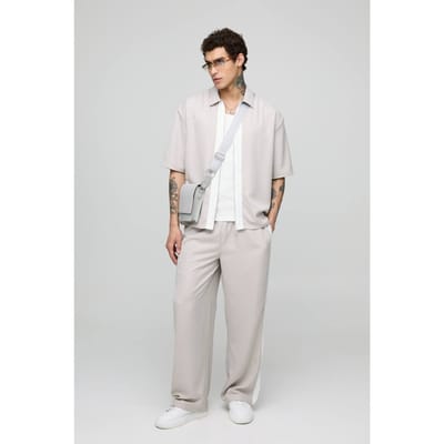 Oversized zacht twill kortmouwig overhemd & broekset met wijde pijpen | Stone | Size Small