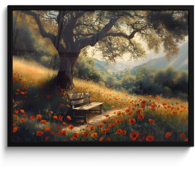 Poster in lijst - Fotolijst 70x50 cm - Posters - Bankje - Boom - Klaprozen - Heuvels - Posterlijst zwart - Decoratie - Wanddecoratie woonkamer - Muurdecoratie slaapkamer