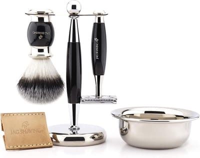 Scheerset voor heren met dubbelzijdig veiligheidsscheermes, scheerkwast, standaard, kom en etui voor scheermes Perfecte cadeauset voor mannen