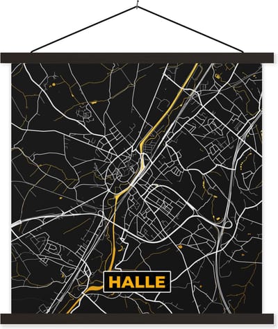 Posterhanger incl. Poster 60x60 cm - Schoolplaat - Plattegrond - Stadskaart - Kaart - Halle - Goud - Textielposter - Zwarte latten - Stadskaart
