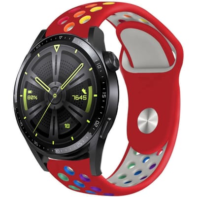 Strap-it Siliconen sport bandje - geschikt voor Huawei Watch GT / GT 2 / GT 3 / GT 3 Pro 46mm / GT 4 46mm / GT 5 (Pro) - 46mm / GT 4 46mm / GT 2 Pro / GT Runner / Watch 3 - Pro / Watch 4 (Pro) / Watch Ultimate - rood/kleurrijk