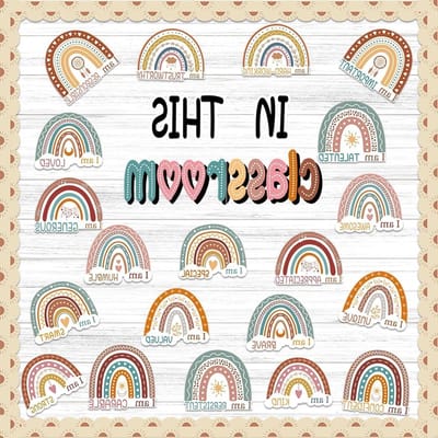 Prikborddecoraties Regenboog - Klaslokaal Decoratieset - Klaslokaal Aankleden - 43 Delige Set - 25 x 25 millimeter - Boho Kleuren