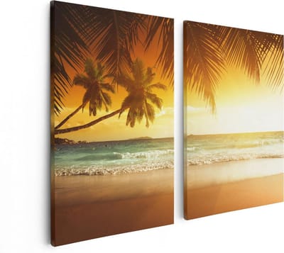 Artaza Canvas Schilderij Tweeluik Tropisch Strand Tijdens Zonsondergang  - 80x60 - Foto Op Canvas - Canvas Print