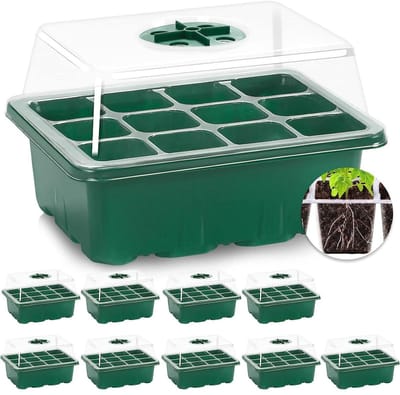 GELLDG Zaailingpotjes geschikt voor binnenkas - 10 stuks - 120 gaten - Mini-kas - Kleine zaailingenset - Met ventilatiegaten en een onbreekbaar deksel - Geschikt voor zaailingen en planten - Groen