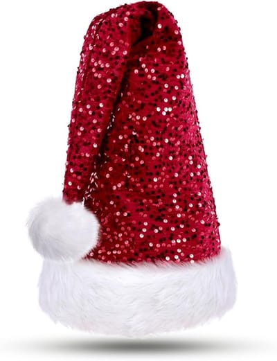 Kerstmuts voor volwassenen, kerstman, muts met glitterpailletten en pluche rand voor kerstboompiek, feestelijk kerstfeest, dennenboom, rood