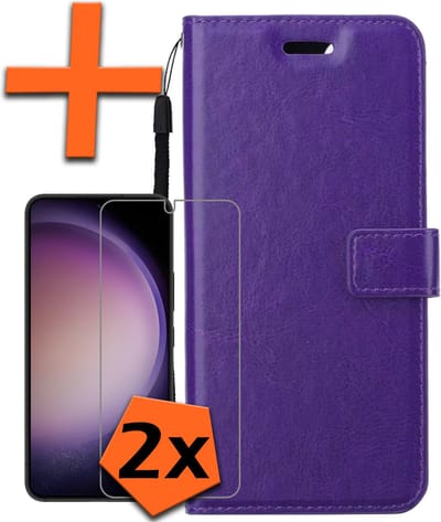 Hoes - Met 2x Screenprotector - Geschikt voor Samsung Galaxy S23 - Luxe Pasjeshouder - Bookcase Portemonee - Flip Case - Kunstleer Book Case - Flipcase Hoes - Book Cover - Walletcase - PortemonneeHoes - Paars