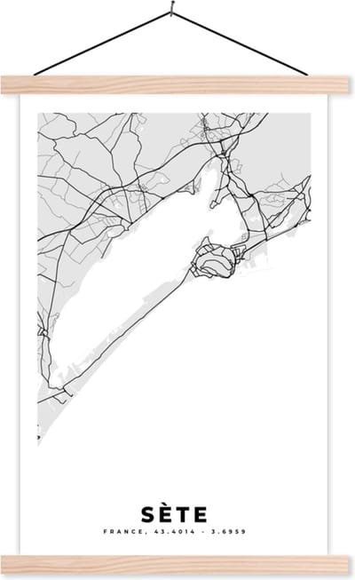 Posterhanger incl. Poster 40x60 cm - Schoolplaat - Frankrijk – Sète – Stadskaart – Plattegrond – Kaart - Textielposter - Blanke latten - Stadskaart