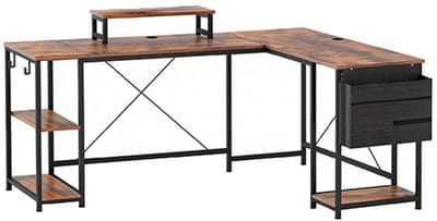 Tafel, Met Opbergvakken en Monitorstandaard, Geschikt voor Kantoor, Thuiswerken en Studeren, 168×120×90 cm (L-vormig), 240×48×90 cm (Lang), Bruin, Metaal en Hout