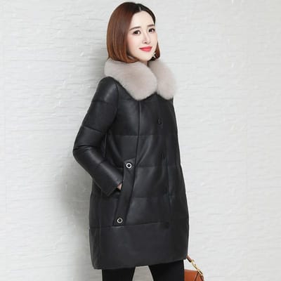 Veste en cuir pour femmes Veste en coton PU Hiver Ample Mi-long Grande taille Veste en coton 2XL black