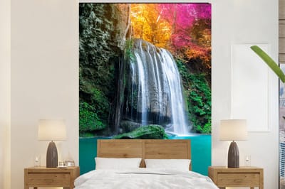 Behang - Fotobehang Waterval - Bomen - Roze - Bruin - Natuur - Breedte 195 cm x hoogte 300 cm