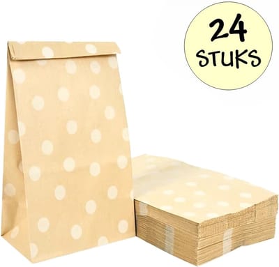 24x Beige Uitdeelzakjes Met Stippen - 13x8x24cm - Stevig Papier - Traktatie Zakjes - Papieren Zakjes - Cadeau Zakjes - Polka Dots - Met Blokbodem - Beige - 24 Stuks