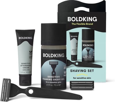 Boldking Start Scheerset Sensitive - 6-delige Set - Shaving set voor Mannen & Vrouwen - Inclusief 2 Scheermesjes, Houder, Zuignap, Scheergel & GRATIS Aftershave Crème in luxe verpakking