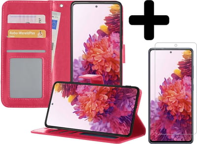 Hoesje - Met Screenprotector - Geschikt voor Samsung Galaxy S20 FE - Luxe Pasjeshouder - Bookcase Portemonee - Flip Case - Kunstleer Book Case - Flipcase - Book Cover - Walletcase - Portemonneehoes - Telefoonhoesjes - Donkerroze