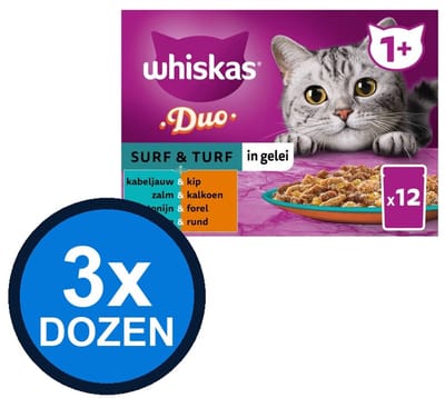 3x Whiskas - 1+ Pouch Adult Gelei Duo Surf & Turf Sel Multipack (12x85g) - Kattenvoer Natvoer - 1.02 kg