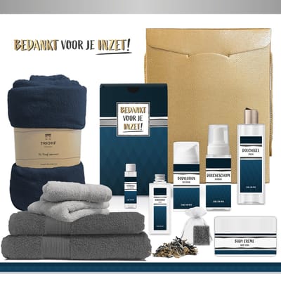 Geschenkset “Bedankt voor je inzet!” - 12 producten - 1910 gram | Luxe cadeaubox voor hem - Wellness Cadeaupakket man - Giftset Kerst - Geschenk Kerst Kerstpakket - Cadeau Pakket - Gift Set Collega Zorgwerker Medewerker Vrijwilliger Coach- Blauw Goud